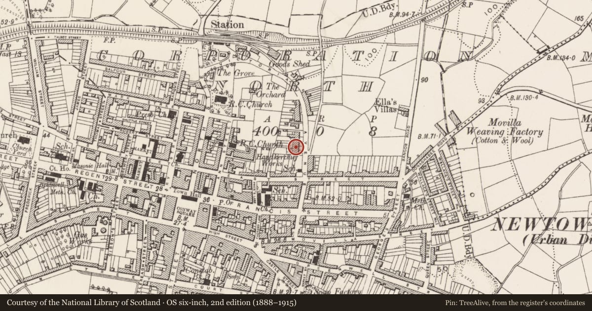 Ordnance Survey six-inch map, 2nd edition (1888–1915) covering the location of 12-18 Victoria Avenue, Newtownards, Ards and North Down, with a pin at the register's coordinates
