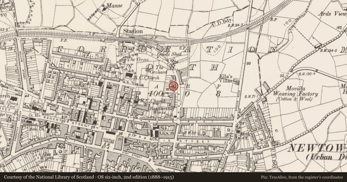 Ordnance Survey six-inch map, 2nd edition (1888–1915) covering the location of 26-30 Victoria Avenue, Newtownards, Ards and North Down, with a pin at the register's coordinates