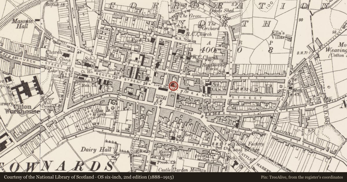 Ordnance Survey six-inch map, 2nd edition (1888–1915) covering the location of Ulster Bank, Newtownards, Ards and North Down, with a pin at the register's coordinates