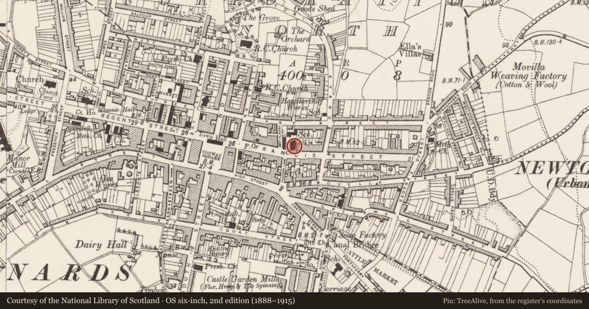 Ordnance Survey six-inch map, 2nd edition (1888–1915) covering the location of First Presbyterian Church, Newtownards, Ards and North Down, with a pin at the register's coordinates