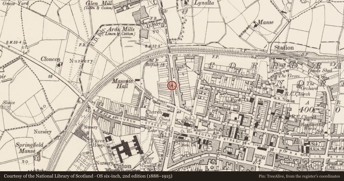 Ordnance Survey six-inch map, 2nd edition (1888–1915) covering the location of 44A William Street, Newtownards, Ards and North Down, with a pin at the register's coordinates