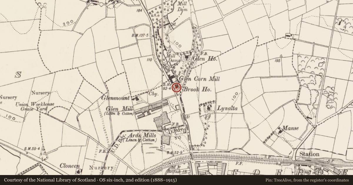 Ordnance Survey six-inch map, 2nd edition (1888–1915) covering the location of Brooke House, Newtownards, Ards and North Down, with a pin at the register's coordinates