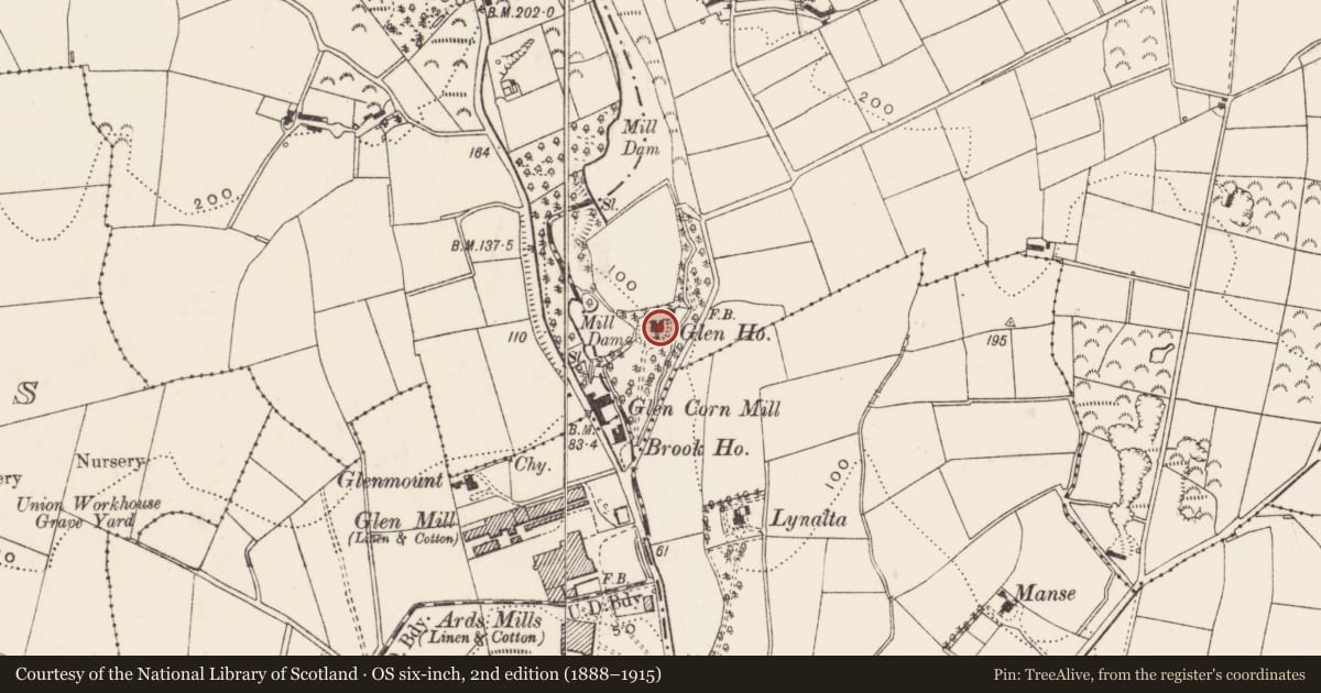 Ordnance Survey six-inch map, 2nd edition (1888–1915) covering the location of Glen House, Newtownards, Ards and North Down, with a pin at the register's coordinates