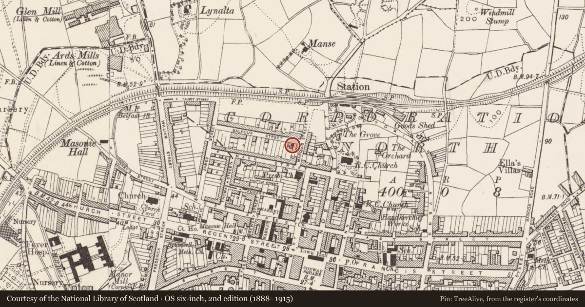 Ordnance Survey six-inch map, 2nd edition (1888–1915) covering the location of 10-12 Balfour Street, Newtownards, Ards and North Down, with a pin at the register's coordinates