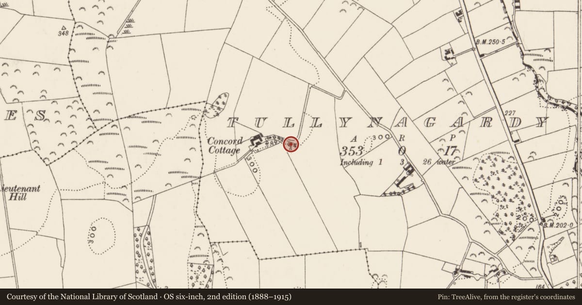 Ordnance Survey six-inch map, 2nd edition (1888–1915) covering the location of Milliken’s Mausoleum, Tullynagardy, Ards and North Down, with a pin at the register's coordinates
