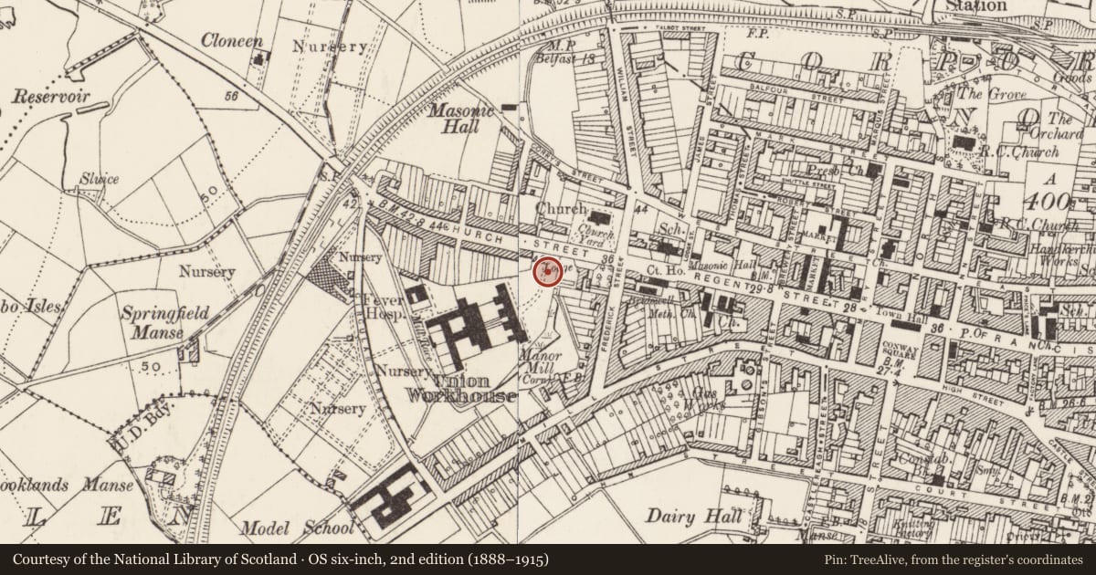 Ordnance Survey six-inch map, 2nd edition (1888–1915) covering the location of Gate lodge, Newtownards, Ards and North Down, with a pin at the register's coordinates