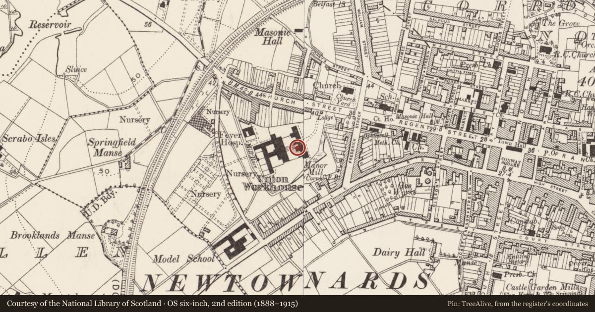 Ordnance Survey six-inch map, 2nd edition (1888–1915) covering the location of Entrance block, Newtownards, Ards and North Down, with a pin at the register's coordinates