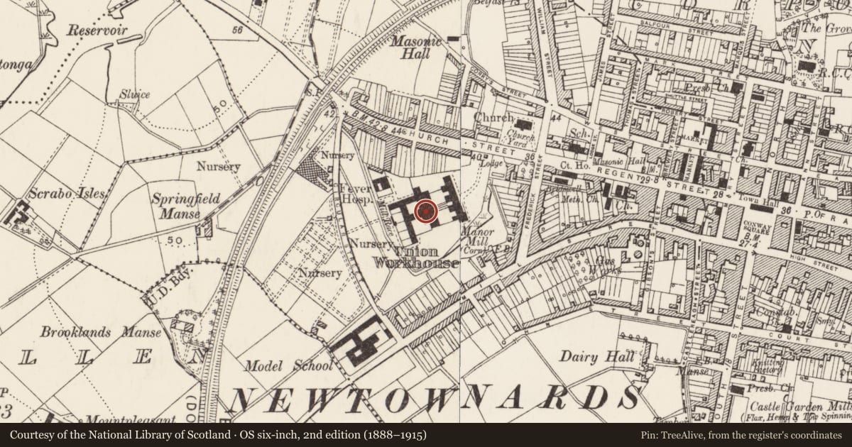 Ordnance Survey six-inch map, 2nd edition (1888–1915) covering the location of Administrative block and nurses’ home, Newtownards, Ards and North Down, with a pin at the register's coordinates