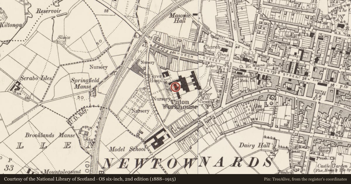 Ordnance Survey six-inch map, 2nd edition (1888–1915) covering the location of McQueen nurses’ home, Newtownards, Ards and North Down, with a pin at the register's coordinates