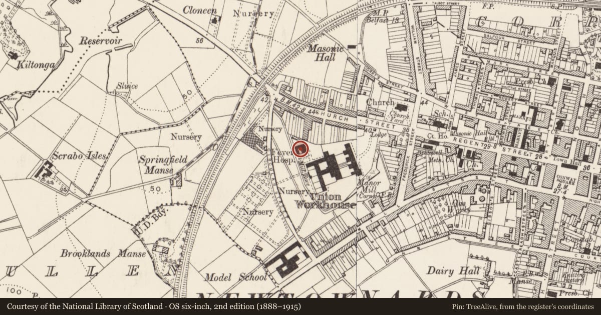 Ordnance Survey six-inch map, 2nd edition (1888–1915) covering the location of Adair House, Newtownards, Ards and North Down, with a pin at the register's coordinates