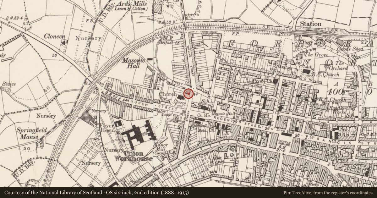 Ordnance Survey six-inch map, 2nd edition (1888–1915) covering the location of 2 William Street, Newtownards, Ards and North Down, with a pin at the register's coordinates