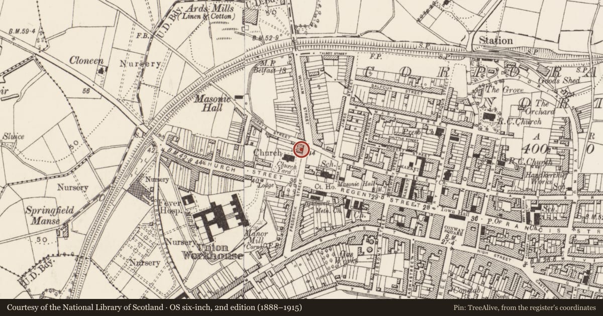 Ordnance Survey six-inch map, 2nd edition (1888–1915) covering the location of 4 William Street, Newtownards, Ards and North Down, with a pin at the register's coordinates