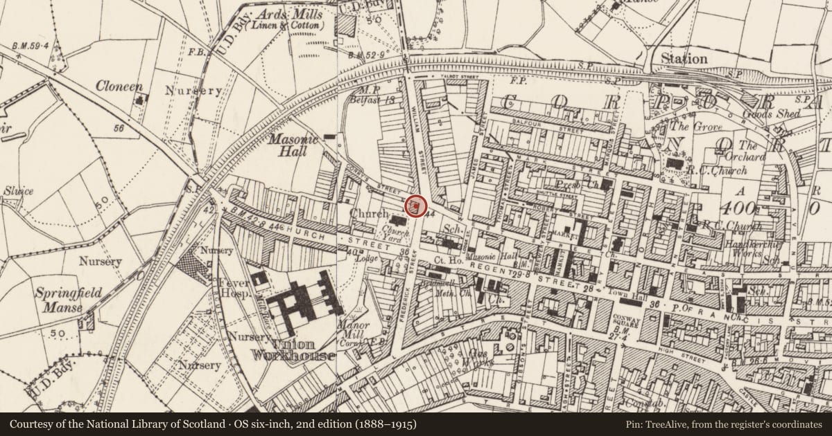 Ordnance Survey six-inch map, 2nd edition (1888–1915) covering the location of 6 William Street, Newtownards, Ards and North Down, with a pin at the register's coordinates