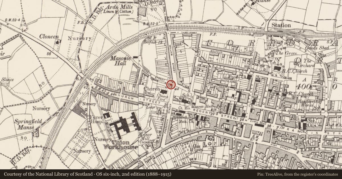 Ordnance Survey six-inch map, 2nd edition (1888–1915) covering the location of 8 William Street & 2 Corry Street, Newtownards, Ards and North Down, with a pin at the register's coordinates