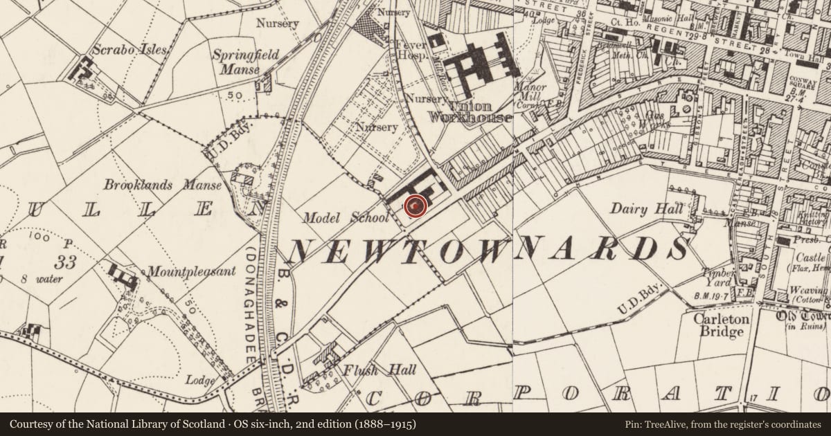 Ordnance Survey six-inch map, 2nd edition (1888–1915) covering the location of Newtownards Model Primary School, Ards and North Down, with a pin at the register's coordinates
