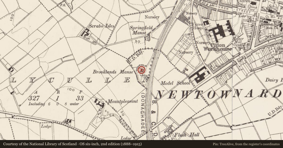 Ordnance Survey six-inch map, 2nd edition (1888–1915) covering the location of Brooklands Manse, Ballycullen, Ards and North Down, with a pin at the register's coordinates