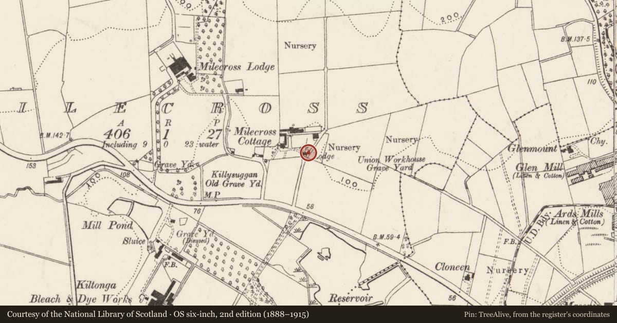 Ordnance Survey six-inch map, 2nd edition (1888–1915) covering the location of 43 Belfast Road, Milecross, Ards and North Down, with a pin at the register's coordinates
