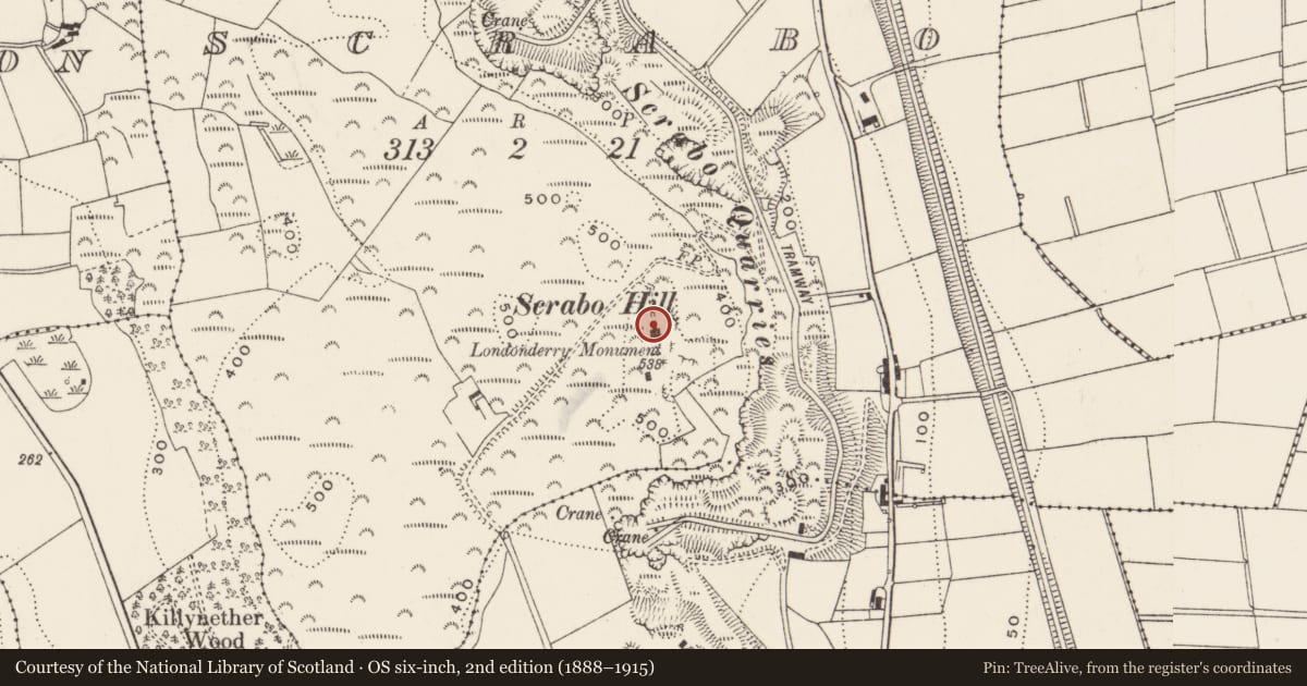 Ordnance Survey six-inch map, 2nd edition (1888–1915) covering the location of Scrabo Tower (Londonderry Monument), Ards and North Down, with a pin at the register's coordinates
