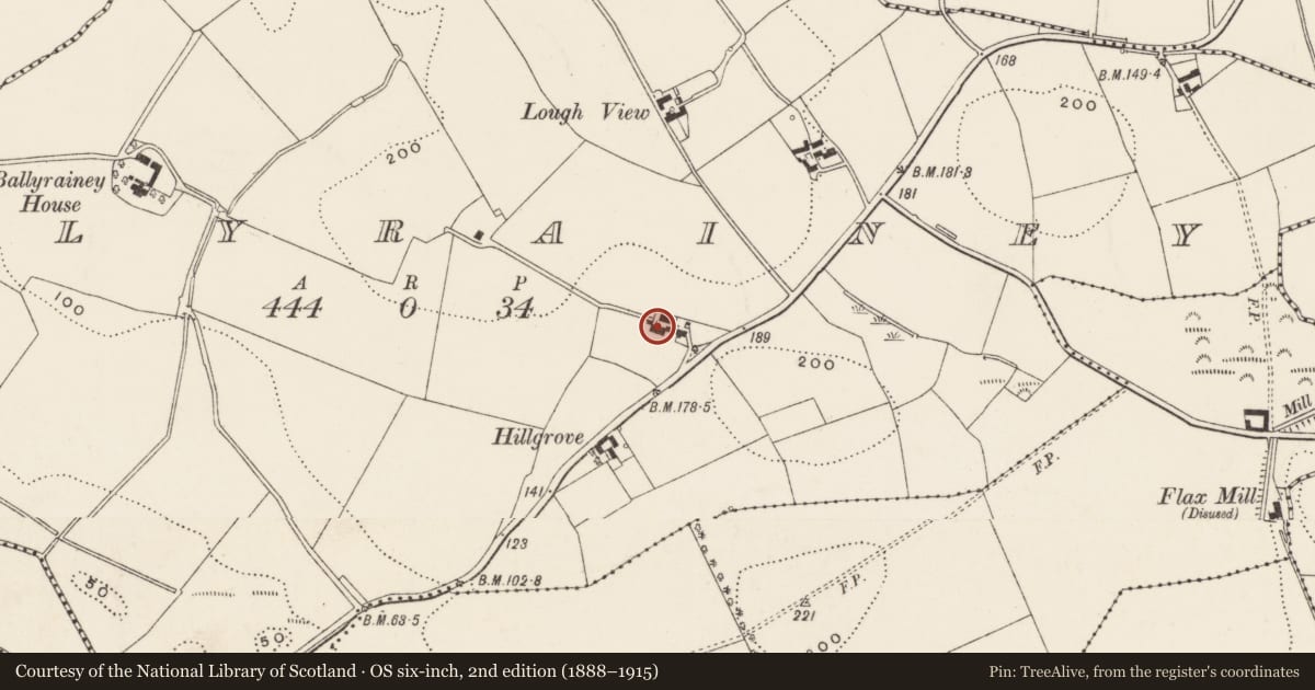 Ordnance Survey six-inch map, 2nd edition (1888–1915) covering the location of The Old House, Ballyrainey, Ards and North Down, with a pin at the register's coordinates