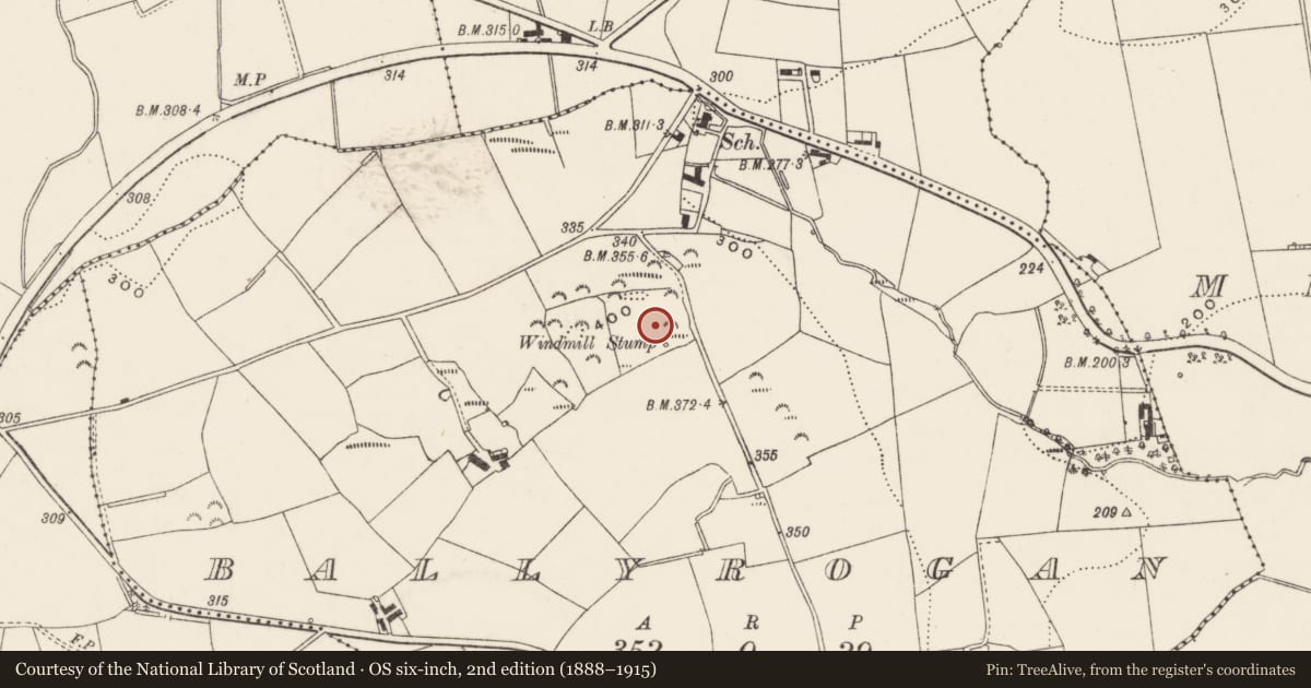 Ordnance Survey six-inch map, 2nd edition (1888–1915) covering the location of World War II Observation post, Ballyrogan, Ards and North Down, with a pin at the register's coordinates