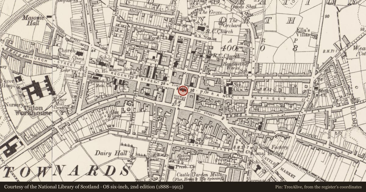 Ordnance Survey six-inch map, 2nd edition (1888–1915) covering the location of Town Hall Conway Square Newtownards Co. Down, Ards and North Down, with a pin at the register's coordinates