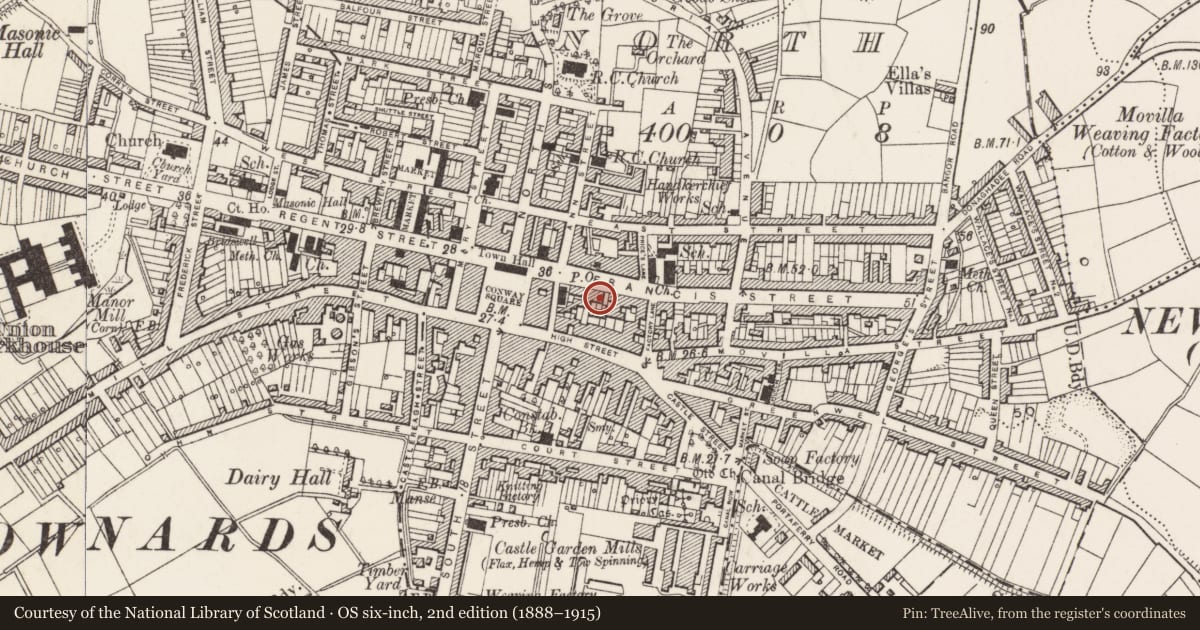 Ordnance Survey six-inch map, 2nd edition (1888–1915) covering the location of 23-25 Frances Street, Newtownards, Ards and North Down, with a pin at the register's coordinates