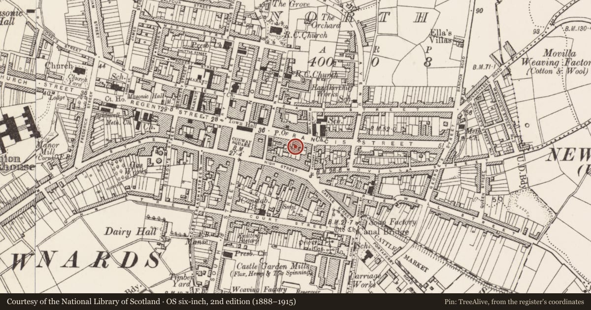 Ordnance Survey six-inch map, 2nd edition (1888–1915) covering the location of 27-29 Frances Street, Newtownards, Ards and North Down, with a pin at the register's coordinates