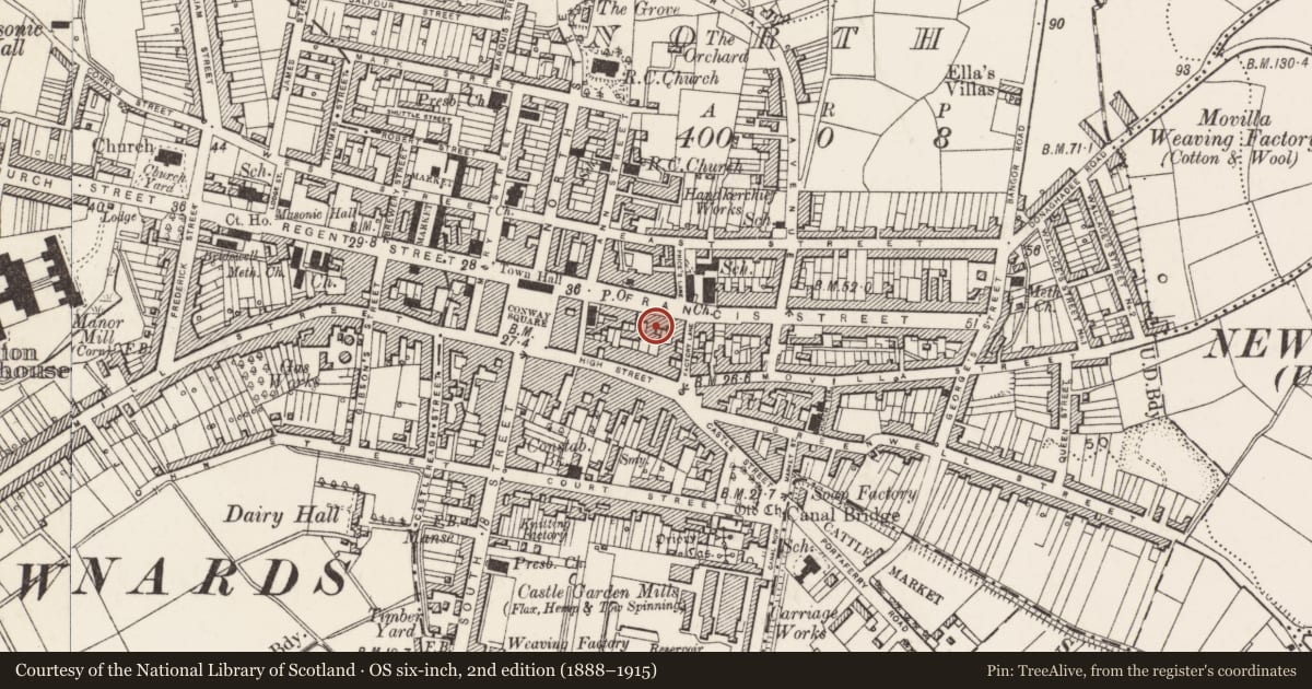 Ordnance Survey six-inch map, 2nd edition (1888–1915) covering the location of 31 Frances Street, Newtownards, Ards and North Down, with a pin at the register's coordinates