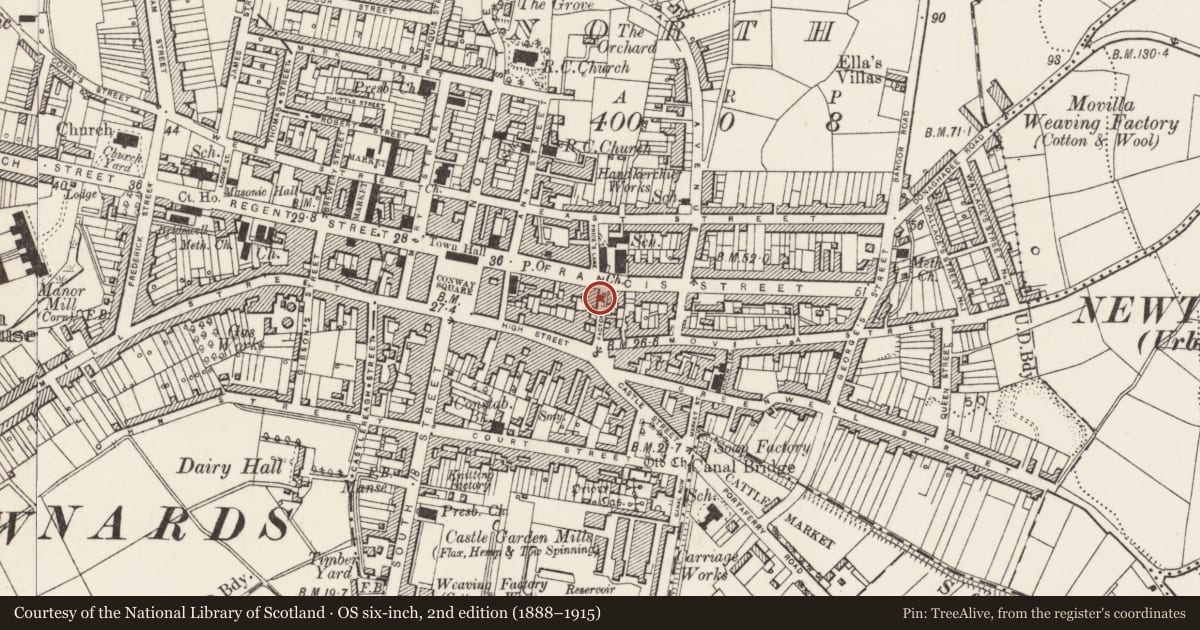 Ordnance Survey six-inch map, 2nd edition (1888–1915) covering the location of 37-39 Francis St. Newtownards Co.down, Ards and North Down, with a pin at the register's coordinates