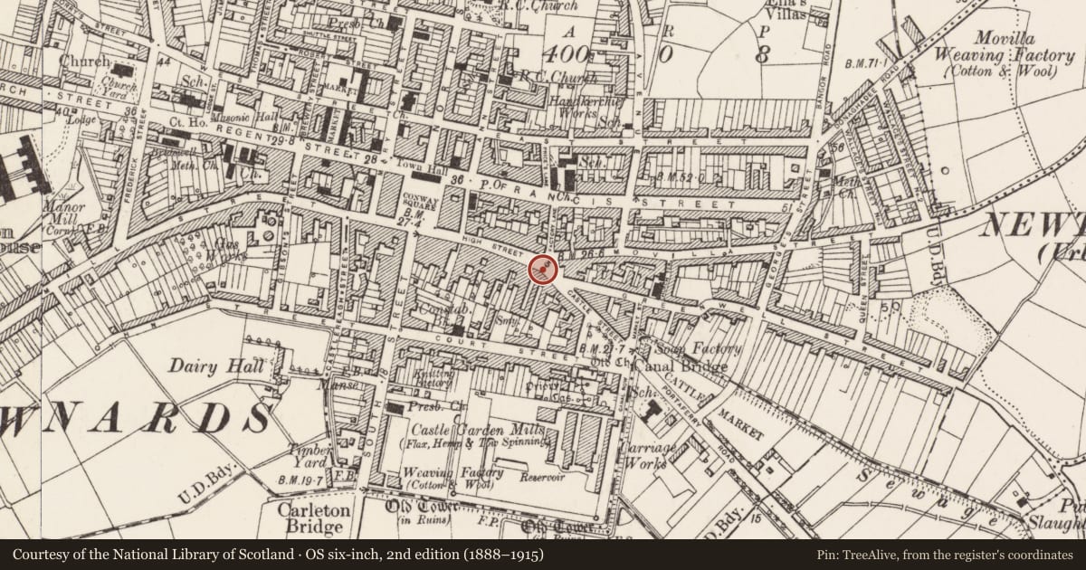 Ordnance Survey six-inch map, 2nd edition (1888–1915) covering the location of Old Market Cross, Newtownards, Ards and North Down, with a pin at the register's coordinates
