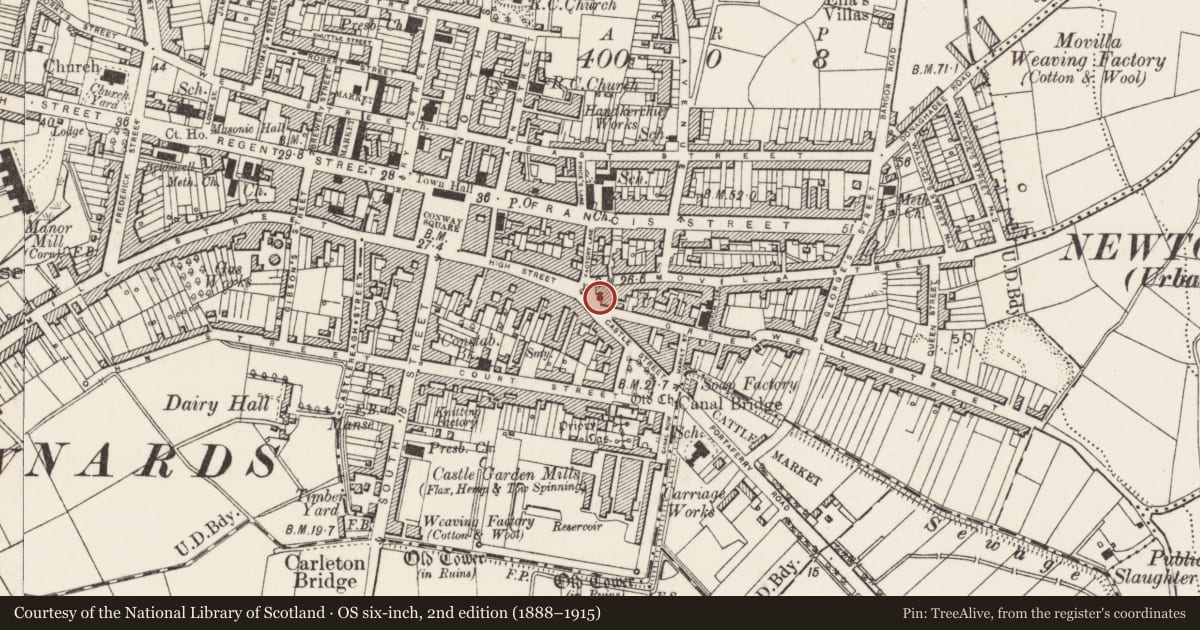 Ordnance Survey six-inch map, 2nd edition (1888–1915) covering the location of Old Cross Bar, Newtownards, Ards and North Down, with a pin at the register's coordinates