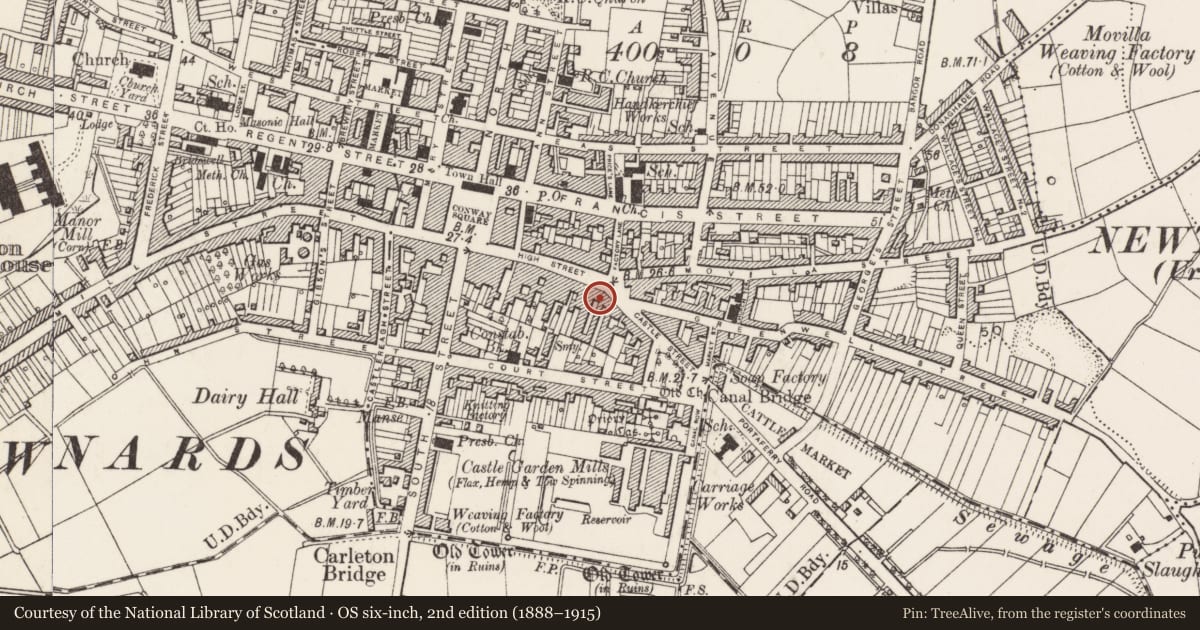 Ordnance Survey six-inch map, 2nd edition (1888–1915) covering the location of 61-63 High Street, Newtownards, Ards and North Down, with a pin at the register's coordinates