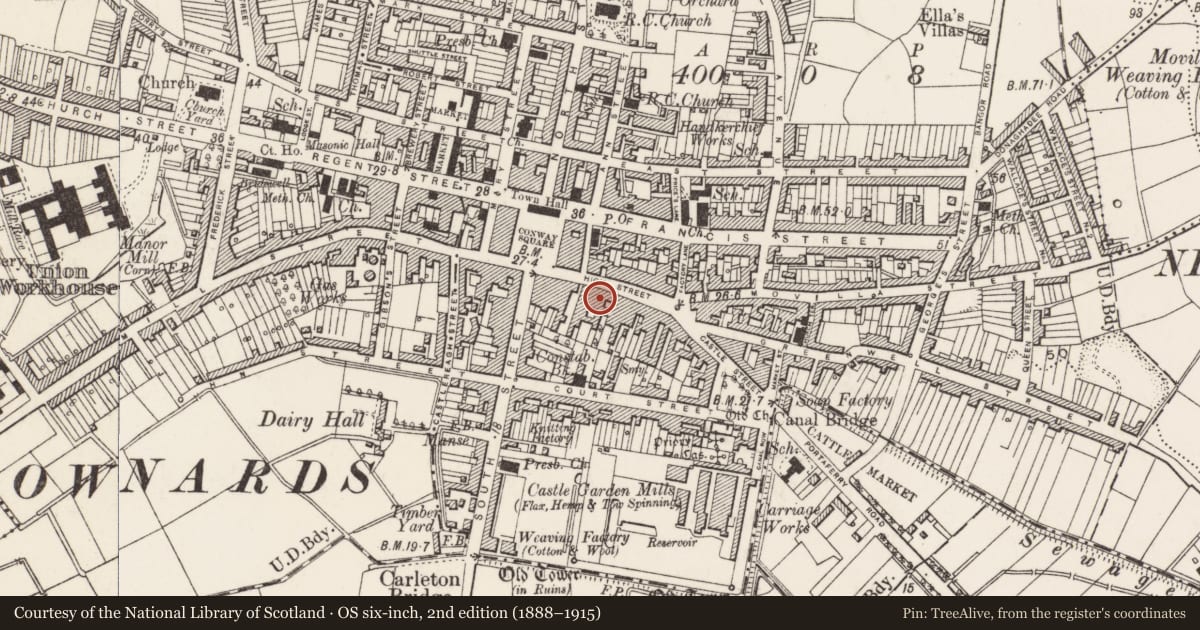 Ordnance Survey six-inch map, 2nd edition (1888–1915) covering the location of 39 High Street, Newtownards, Ards and North Down, with a pin at the register's coordinates
