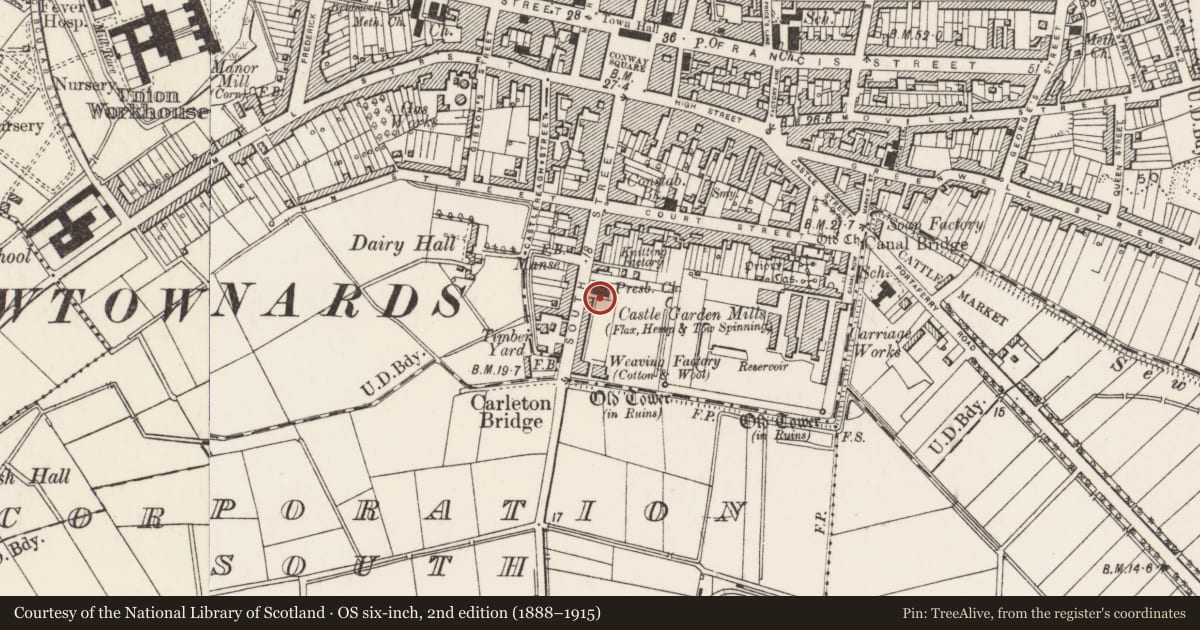 Ordnance Survey six-inch map, 2nd edition (1888–1915) covering the location of Ards Arena Youth Centre, Newtownards, Ards and North Down, with a pin at the register's coordinates