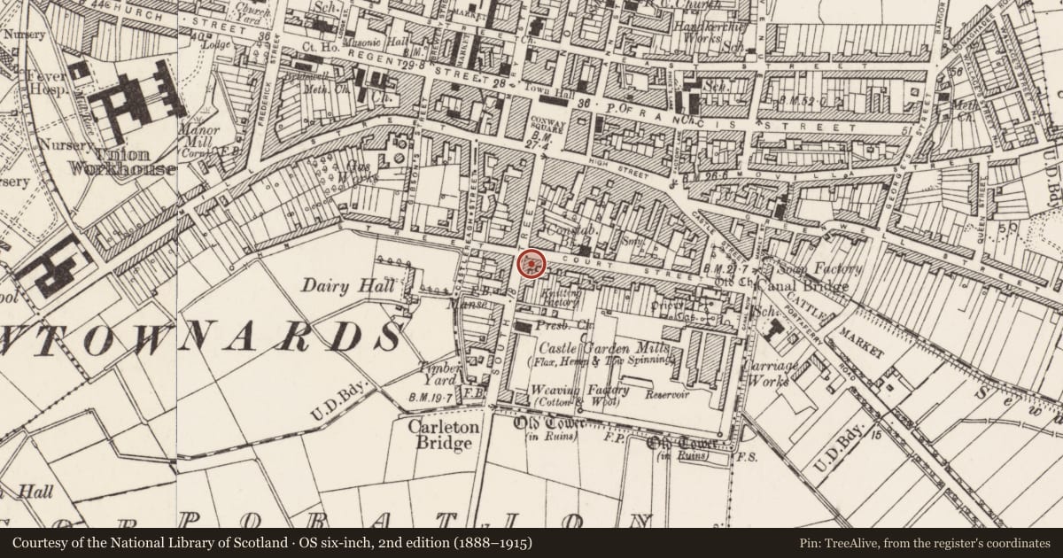 Ordnance Survey six-inch map, 2nd edition (1888–1915) covering the location of 1-5 Court Street & 34 South Street, Newtownards, Ards and North Down, with a pin at the register's coordinates