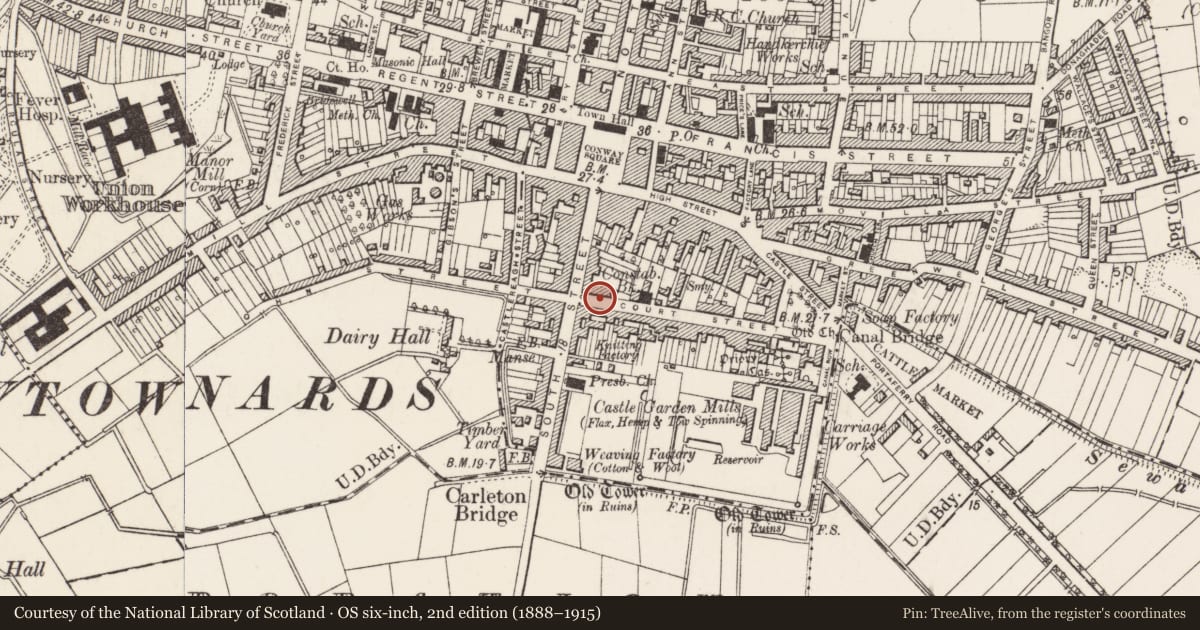 Ordnance Survey six-inch map, 2nd edition (1888–1915) covering the location of 4-8 Court Street, Newtownards, Ards and North Down, with a pin at the register's coordinates