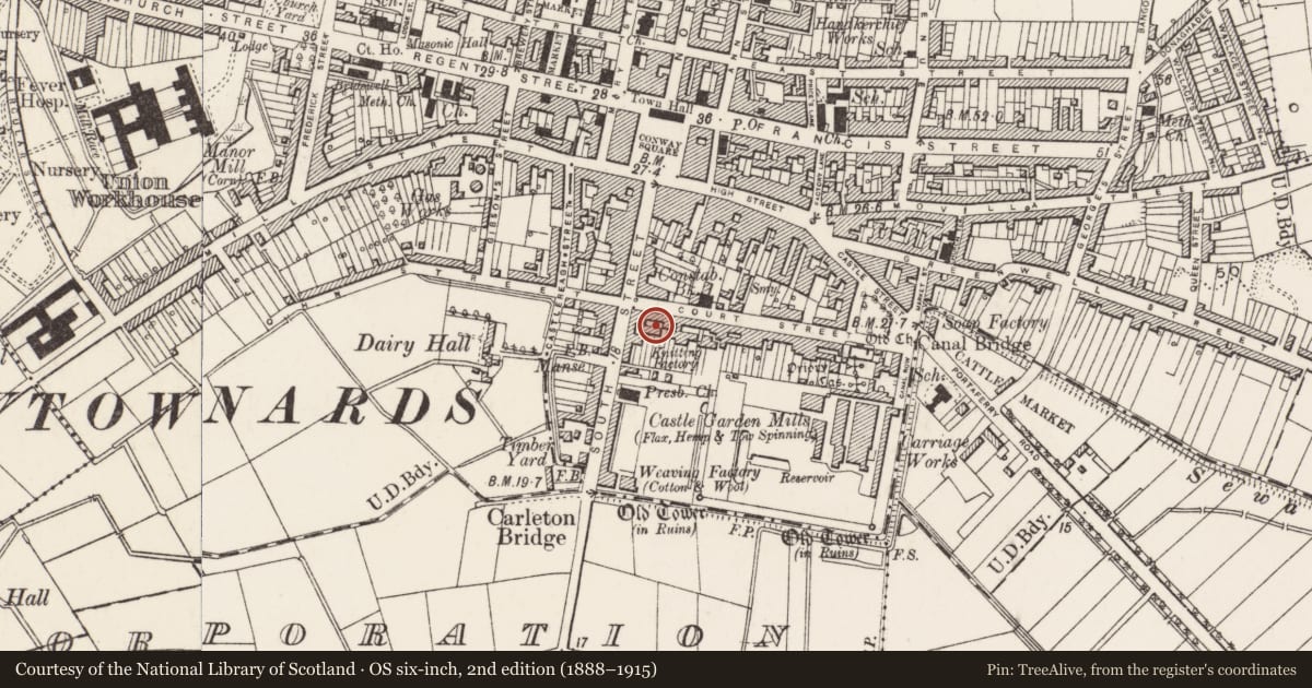 Ordnance Survey six-inch map, 2nd edition (1888–1915) covering the location of 7 Court Street, Newtownards, Ards and North Down, with a pin at the register's coordinates