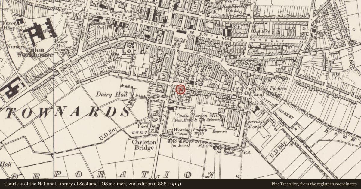 Ordnance Survey six-inch map, 2nd edition (1888–1915) covering the location of 11 Court Street, Newtownards, Ards and North Down, with a pin at the register's coordinates