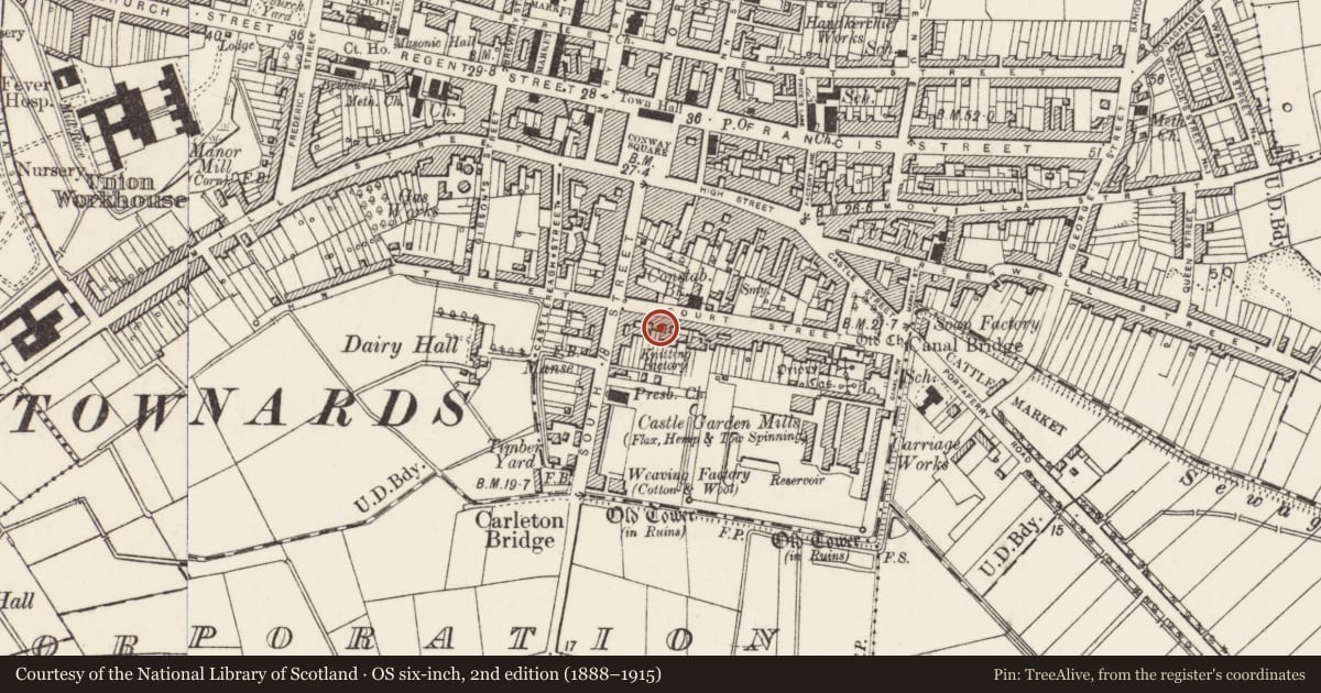 Ordnance Survey six-inch map, 2nd edition (1888–1915) covering the location of 15 Court Street, Newtownards, Ards and North Down, with a pin at the register's coordinates