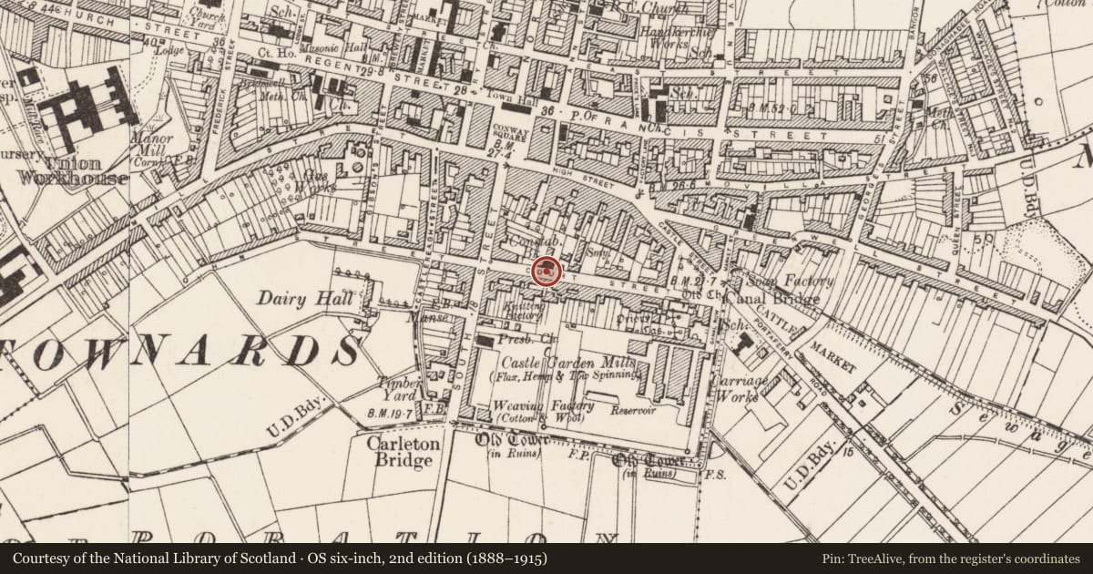 Ordnance Survey six-inch map, 2nd edition (1888–1915) covering the location of 16-20 Court Street, Newtownards, Ards and North Down, with a pin at the register's coordinates