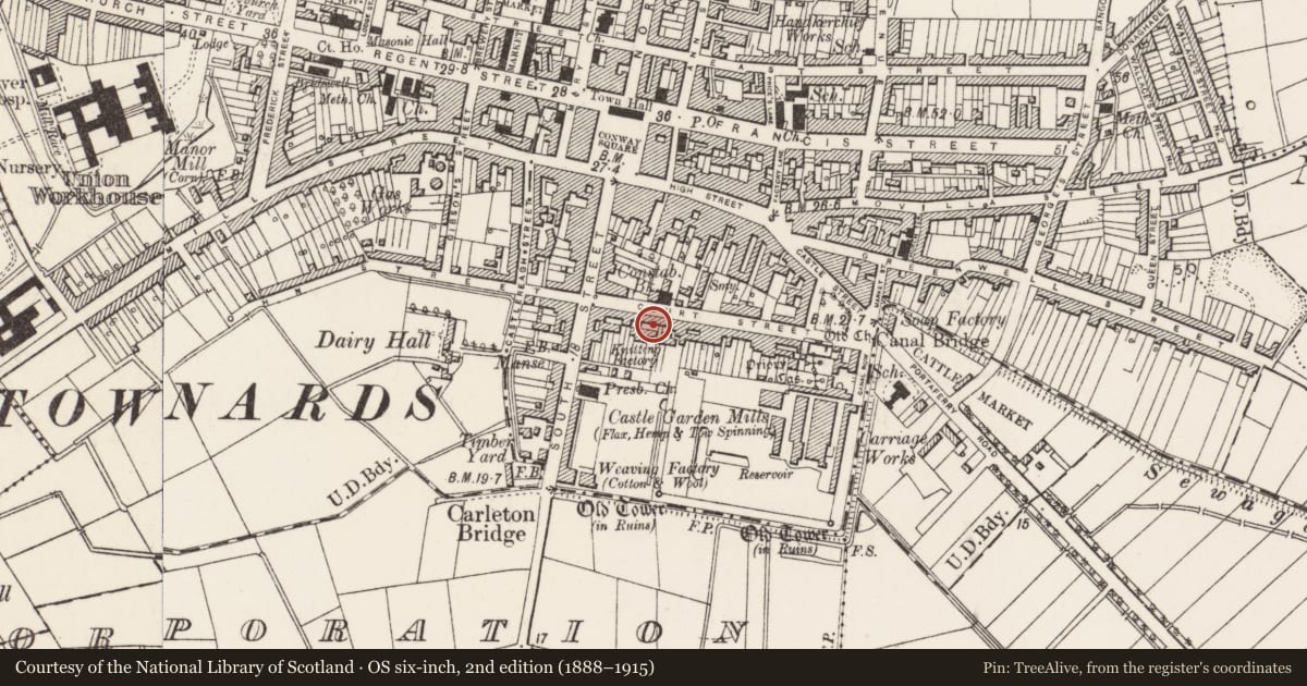 Ordnance Survey six-inch map, 2nd edition (1888–1915) covering the location of 21 Court St. Newtownards Co. Down, Ards and North Down, with a pin at the register's coordinates