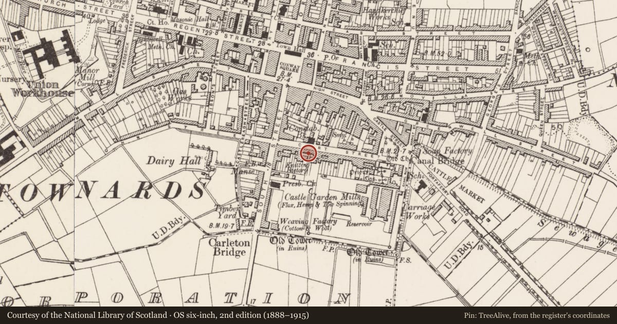 Ordnance Survey six-inch map, 2nd edition (1888–1915) covering the location of 23 Court St. Newtownards Co. Down, Ards and North Down, with a pin at the register's coordinates