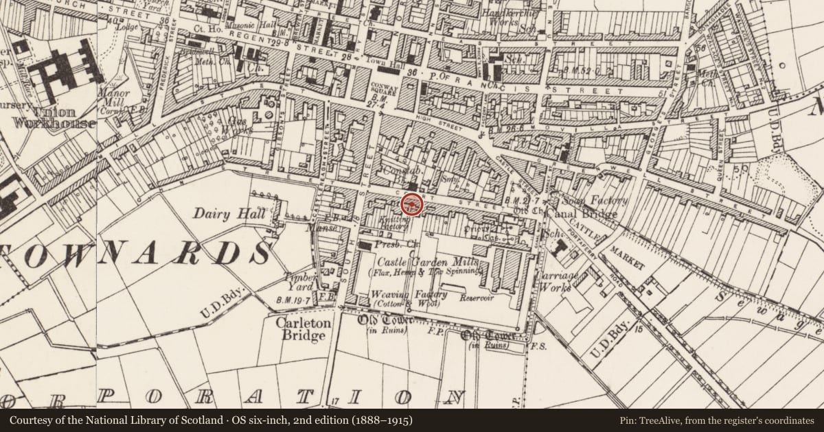 Ordnance Survey six-inch map, 2nd edition (1888–1915) covering the location of 25 Court St. Newtownards Co. Down, Ards and North Down, with a pin at the register's coordinates