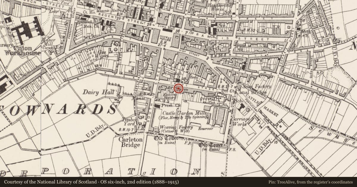 Ordnance Survey six-inch map, 2nd edition (1888–1915) covering the location of 27 Court St. Newtownards Co. Down, Ards and North Down, with a pin at the register's coordinates