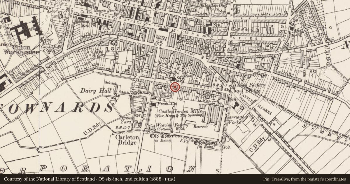 Ordnance Survey six-inch map, 2nd edition (1888–1915) covering the location of 29 Court St. Newtownards Co. Down, Ards and North Down, with a pin at the register's coordinates