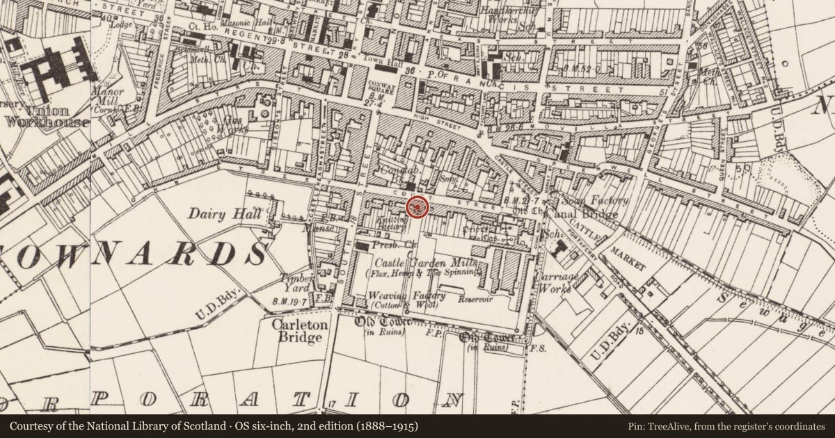 Ordnance Survey six-inch map, 2nd edition (1888–1915) covering the location of 31 Court St. Newtownards Co. Down, Ards and North Down, with a pin at the register's coordinates