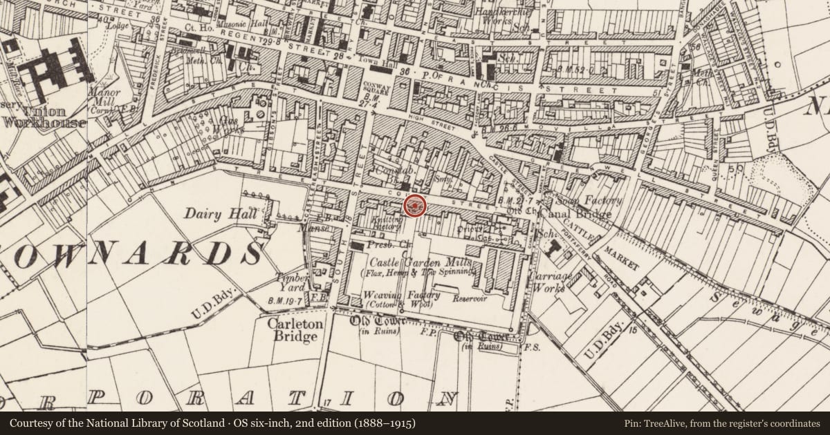 Ordnance Survey six-inch map, 2nd edition (1888–1915) covering the location of 33 Court St. Newtownards Co. Down, Ards and North Down, with a pin at the register's coordinates
