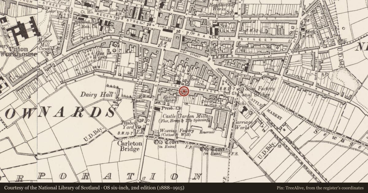 Ordnance Survey six-inch map, 2nd edition (1888–1915) covering the location of 35 Court St. Newtownards Co.down, Ards and North Down, with a pin at the register's coordinates