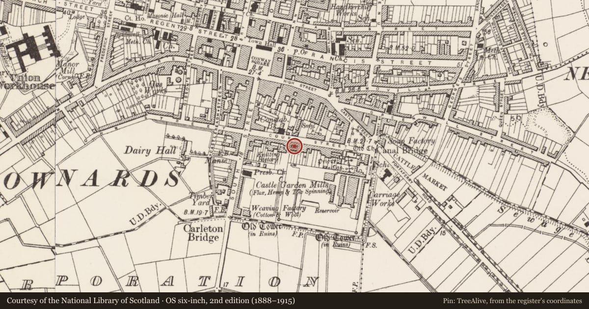 Ordnance Survey six-inch map, 2nd edition (1888–1915) covering the location of 37 Court St. Newtownards Co. Down, Ards and North Down, with a pin at the register's coordinates