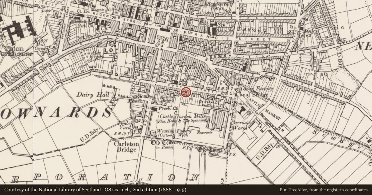 Ordnance Survey six-inch map, 2nd edition (1888–1915) covering the location of 39 Court St. Newtownards Co. Down, Ards and North Down, with a pin at the register's coordinates